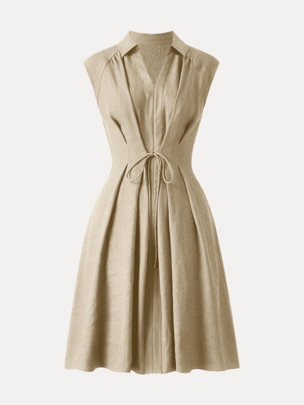 OGL Viscose-Linen Collared V-neck Midi Dress with Drawstring in Ecru size S, NWT